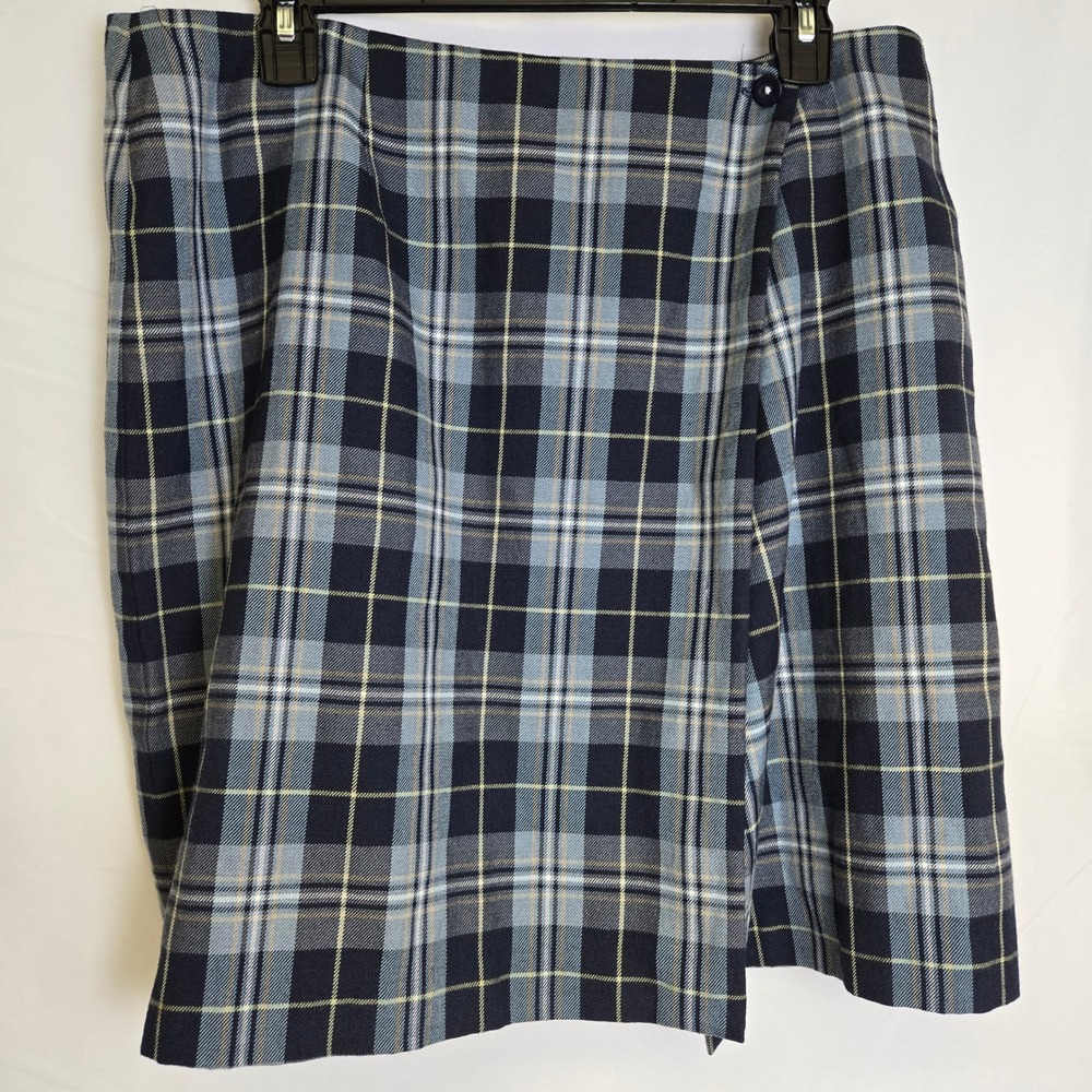 Andrea Viccaro Y2K Petite Wool Blend Plaid Wrap Skirt, Blue White,‎ 10P Vintage